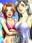  aerith_gainsborough bikini black_hair blush brown_hair crossed_arms earrings final_fantasy final_fantasy_vii green_eyes jewelry long_hair lowres mitsugi210 open_mouth red_eyes ribbon swimsuit tifa_lockhart 