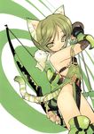  animal_ears animal_print arrow blade_(galaxist) bow_(weapon) cat cat_ears green green_eyes green_hair highres holding holding_bow_(weapon) holding_weapon short_hair solo tail tiger_print toranoana weapon 