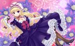  alha blonde_hair bow breasts brown_legwear cleavage dress fan floral_background flower folding_fan frills gloves hair_bow hat high_heels large_breasts long_hair pantyhose purple_dress purple_eyes purple_footwear ribbon shoes solo touhou white_gloves yakumo_yukari 