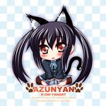  animal_ears black_hair blush brown_eyes cat_ears cat_tail checkered chibi engrish fukunaga_yukito highres k-on! long_hair nakano_azusa no_nose open_mouth paw_print ranguage school_uniform solo tail twintails 