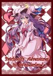  blue_eyes blush bow character_name checkered english hair_bow hat long_hair open_mouth patchouli_knowledge purple_hair ram_hachimin solo touhou very_long_hair 