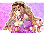  bare_shoulders blush bow breasts brown_hair cleavage hair_bow large_breasts purple_eyes solo touhou tsuutenkaaku yakumo_yukari 