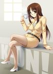  brown_hair crossed_legs cup dress glasses k-on! long_hair miyai_sen pantyhose red_eyes sitting solo steam sweater sweater_dress teacher teacup yamanaka_sawako 