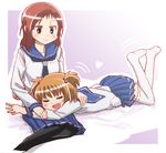  brother_tomita brown_hair fang kataoka_yuuki kiyosumi_school_uniform lap_pillow lying multiple_girls on_stomach pantyhose red_hair saki school_uniform serafuku takei_hisa thighhighs two_side_up white_legwear 