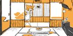  animal_ears bad_id bad_pixiv_id cat_ears chen chibi comic fox_ears fox_tail gap kawanabe monochrome multiple_tails naked_towel orange_(color) short_hair silent_comic table tail touhou towel yakumo_ran 