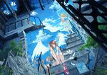  2girls angel_wings barefoot day multiple_girls mural original ruins sculpture shoes shuka_(taupe) single_shoe sitting sitting_on_stairs sky stairs statue wings 