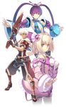 2girls aoto_(ar_tonelico) ar_tonelico ar_tonelico_iii armor blonde_hair blue_eyes bow braid detached_sleeves finnel flat_chest gloves hair_ornament long_hair multiple_girls nagi_ryou official_art purple_eyes purple_hair saki_(ar_tonelico) short_hair transparent_background twintails weapon white_hair 
