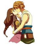  1girl bandages blonde_hair blue_eyes blush braid brown_hair closed_eyes couple dress elbow_gloves gloves hetero holding hug kiss link long_hair looking_up o-yuki pointy_ears princess princess_zelda royal sweatdrop the_legend_of_zelda the_legend_of_zelda:_twilight_princess tiara 