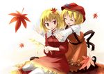  aki_minoriko aki_shizuha bad_id bad_pixiv_id blonde_hair gochou_(atemonai_heya) hair_ornament hat leaf leaf_hair_ornament maple_leaf multiple_girls red_eyes short_hair siblings sisters touhou 