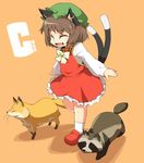  animal_ears ario brown_hair cat_ears cat_tail chen earrings fox hat jewelry multiple_tails short_hair solo tail tanuki touhou 
