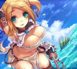  aqua_eyes bent_over blonde_hair blue_eyes braid breasts cleavage cloud day gloves green_eyes kiada kirin_(armor) large_breasts loincloth monster_hunter navel ocean outdoors plesioth rapier short_hair short_twintails sky solo sword thighhighs twintails wading weapon wet 