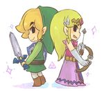  1girl arrow black_eyes blonde_hair bow_(weapon) elbow_gloves gloves hat link long_hair master_sword pointy_ears princess_zelda shield smile sword the_legend_of_zelda the_legend_of_zelda:_the_wind_waker tiara tsutsuji weapon 