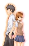  1girl brown_hair couple hair_ornament hairclip hetero kamijou_touma kisaragi_yuki misaka_mikoto school_uniform short_hair to_aru_kagaku_no_railgun to_aru_majutsu_no_index 