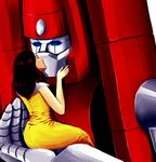  1girl 80s astoria_carlton-ritz autobot bad_id bad_pixiv_id brown_hair closed_eyes couple dress hetero holding kiss mecha_on_girl oldschool powerglide robot science_fiction sitting transformers yoyoyoyoyo 