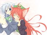  animal_ears bad_id bad_pixiv_id blue_eyes blush braid cat_ears hairband highres hong_meiling izayoi_sakuya lozelia maid multiple_girls red_hair short_hair silver_hair touhou twin_braids 