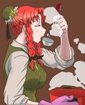  alternate_hairstyle bakuya braid bun_cover closed_eyes cooking hair_bun hong_meiling ladle open_mouth pot red_hair sleeves_rolled_up solo touhou twin_braids 