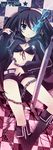  bad_id bad_pixiv_id bikini_top black_hair black_rock_shooter black_rock_shooter_(character) blue_eyes boots burning_eye chain checkered long_hair lying on_back peach_(momozen) scar shorts solo sword twintails weapon 