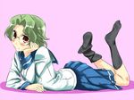  artist_request glasses green_hair kiyosumi_school_uniform lying on_stomach saki school_uniform serafuku solo someya_mako 