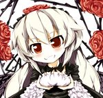  bad_id bad_pixiv_id blush breast_grab breasts dress flower frills grabbing grin hairband kurokoge013 long_hair medium_breasts red_eyes rose rozen_maiden smile solo suigintou white_hair 