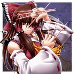  bad_id bad_pixiv_id between_fingers bow brown_eyes brown_hair detached_sleeves hakurei_reimu holding_needle long_hair needle ootsuki_wataru ribbon solo throwing_needles touhou 