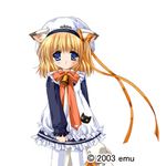  2003 animal_ears bell blonde_hair blue_eyes blush bow cat cat_ears child dress hat kin'youbi_no_koneko lowres miiyu_(kin'youbi_no_koneko) nekoneko ribbon sad short_hair simple_background solo standing stuffed_animal stuffed_toy tears text_focus watermark 