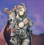  armor braid breasts brown_hair cape chain closed_mouth kodama_yuuki large_breasts long_hair original pauldrons skin_tight solo sword weapon 