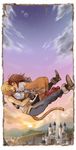  1girl alexander_(final_fantasy) ass bad_id bad_pixiv_id blonde_hair bodysuit boots breasts brown_hair catsuit city closed_eyes falling final_fantasy final_fantasy_ix garnet_til_alexandros_xvii gloves konako long_hair medium_breasts orange_bodysuit short_hair sky tail zidane_tribal 