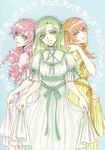  crossdress crossdressing dress green_hair kouno_tooru long_hair orange_hair pink_hair princess_princess shihoudani_yuujirou trap tsuda_mikiyo yutaka_mikoto 