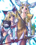  animal_ears bad_id bad_pixiv_id blonde_hair chain dual_persona elbow_gloves fenrir_knight genshi gloves helmet horn long_hair low-tied_long_hair lowres multiple_girls oekaki pantyhose pointy_ears polearm riesz seiken_densetsu seiken_densetsu_3 spear vanadis very_long_hair weapon wolf wolf_ears 