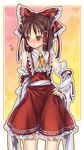  blush bow brown_eyes brown_hair detached_sleeves frills hair_bow hakurei_reimu half_updo hand_on_hip highres looking_away misti short_hair solo the_iron_of_yin_and_yang touhou 