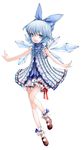  alternate_costume bloomers blue_eyes blue_hair bow cirno frills full_body gathers hair_bow mary_janes outstretched_arms senzi shoes short_hair simple_background solo spread_arms touhou underwear wings 