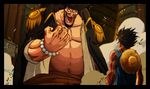  beard black_hair coat epaulettes epic evil_smile facial_hair gandaresh hat highres jewelry male_focus marshall_d_teach missing_teeth monkey_d_luffy multiple_boys muscle one_piece smile straw_hat 