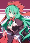  breasts cleavage front_ponytail green_eyes green_hair hair_ribbon highres kagiyama_hina long_hair medium_breasts oborotsuki_kakeru ribbon solo touhou 