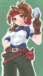  armor belt breastplate brown_eyes brown_hair card character_name commentary_request copyright_name earrings final_fantasy final_fantasy_vii gloves green_background hand_on_hip headband holding holding_card id_card jessie jewelry minnku ponytail shoulder_pads smile solo turtleneck 