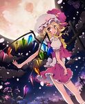  blonde_hair dutch_angle flandre_scarlet flower full_moon glowing grave hands hat looking_back moon night one_side_up orange_eyes outstretched_hand petals petticoat ponytail rose rugo short_hair smile solo touhou wings 