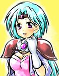  aqua_hair breasts circlet cleavage fingerless_gloves gloves haou_taikei_ryuu_knight large_breasts namako_nowata paffy_pafuricia purple_eyes shoulder_pads solo 