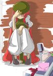  bakuya commentary embarrassed gift hat hong_meiling long_hair red_hair sitting solo touhou 