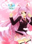  animal_ears bespectacled brooch bunny_ears crescent frills glasses globe heart jacket jewelry kurot long_hair necktie pink_hair pleated_skirt pointing purple_hair red_eyes red_neckwear reisen_udongein_inaba skirt smile solo thighhighs touhou zettai_ryouiki 