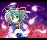  blush flower ghost green_eyes green_hair hands hat liselsia rod_of_remorse shiki_eiki short_hair solo spider_lily touhou 