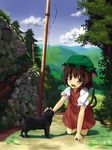  animal_ears bad_id bad_pixiv_id brown_eyes brown_hair cat cat_ears cat_tail chen child earrings fang hat hidebo jewelry multiple_tails petting short_hair solo tail touhou 