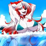  2015 anthro big_breasts bikini breasts canine clothing cloud cyan_eyes fox fur hair hands_behind_head hybrid lapres mammal maple_leaf multicolored_hair navel nipples open_mouth red_hair red_highlights swimsuit tattoo two_tone_hair water white_fur white_hair wolf 