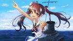  :d bare_shoulders blue_sky brown_hair cloud cloudy_sky day dress fang hair_ribbon kantai_collection libeccio_(kantai_collection) ocean open_mouth pointing pointing_up ribbon sailor_dress sky sleeveless smile solo tamae_(pixiv40276) twintails water 
