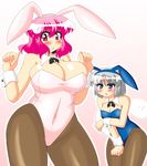  akasode_(tyaramu) animal_ears blue_eyes blush bow bowtie breasts bunny_ears bunny_girl bunnysuit cleavage detached_collar konpaku_youmu konpaku_youmu_(ghost) large_breasts multiple_girls open_mouth pantyhose pink_eyes pink_hair plump saigyouji_yuyuko short_hair silver_hair skindentation touhou wrist_cuffs 