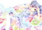  alc_(ex2_lv) breasts dress drill_hair food fruit idolmaster idolmaster_cinderella_girls kanzaki_ranko kiwifruit long_hair open_mouth popsicle red_eyes silver_hair small_breasts solo strawberry twin_drills twintails 