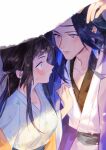 1boy 1girl arm_up bangs bean_mr12 black_hair blunt_bangs blush breasts chinese_clothes earrings jewelry lanxi_zhen laojun_(the_legend_of_luoxiaohei) li_qingning_(the_legend_of_luoxiaohei) long_hair profile robe shadow the_legend_of_luo_xiaohei upper_body 