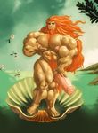 abs balls biceps big_balls big_penis body_hair botticelli chest_hairs feline flower lion looking_at_viewer male mammal muscles navel nude parody pecs penis plant sea seashell smile solo unknown_artist water 