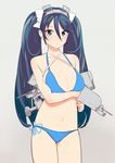  bikini blue_bikini blue_eyes blue_hair blush breast_hold breasts cannon cleavage frown grey_background hair_between_eyes hair_ornament hair_ribbon isuzu_(kantai_collection) kantai_collection large_breasts long_hair looking_at_viewer ribbon side-tie_bikini signature simple_background sohin solo standing swimsuit twintails 