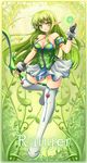  boots bow_(weapon) breasts cat_and_rabbit cleavage cuffs elsword fingerless_gloves full_body gloves green_background green_eyes green_hair highres long_hair medium_breasts pointy_ears ranger_(elsword) rena_(elsword) shackles skirt smile solo thigh_boots thighhighs weapon white_footwear white_skirt 