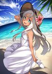  :d arm_behind_back arm_up bangs bare_arms bare_shoulders beach blonde_hair blue_eyes blue_sky blush bright_pupils cloud day dress fisheye floating_hair flower from_side hand_behind_head hand_on_headwear hand_up hat hat_flower hat_ribbon holding holding_shoes horizon kantai_collection kyon_(fuuran) long_hair looking_at_viewer looking_back ocean open_mouth outdoors ribbon ro-500_(kantai_collection) shoes shoes_removed sky sleeveless sleeveless_dress smile solo spaghetti_strap straw_hat sun_hat sundress sunlight tan tanline tree_shade water white_dress 