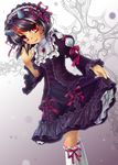  alternate_costume bow cross dress frilled_dress frilled_sleeves frills gothic_lolita hairband highres horns kakiikada kijin_seija lolita_fashion lolita_hairband multicolored_hair red_eyes short_hair skirt_hold smile streaked_hair touhou 